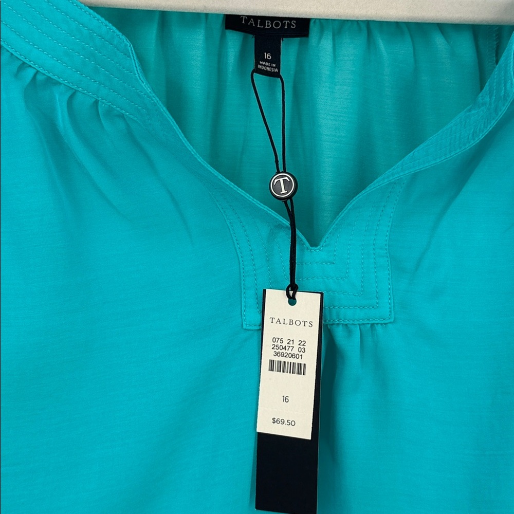🏷️ Talbots Sateen Split-Neck Tunic — Short Sleeve — Size 16 (XL) — Teal — NWT - Picture 7 of 10